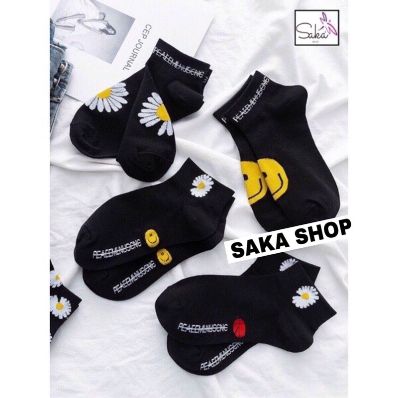 Vớ ngắn nam nữ dày dặn hình bông cúc 2 màu đen trắng