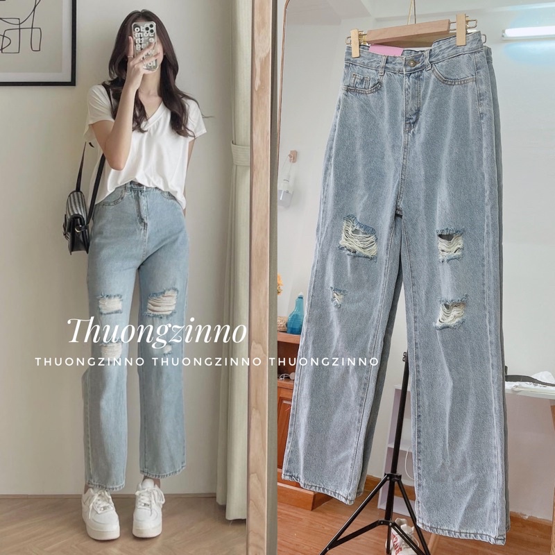 [Ảnh thật /Video]Quần ống rộng Xanh sáng cá tính thiết kế rách gối Quần ống rộng dáng Hàn Quốc