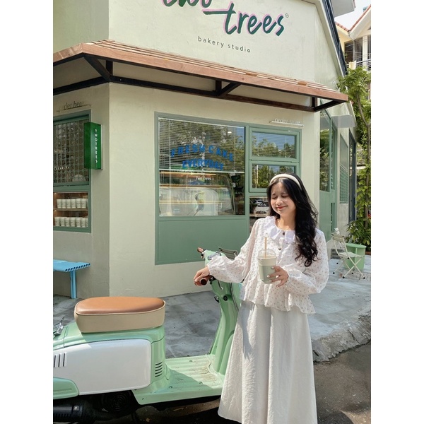 Áo babydoll hoa nhí phối ren cổ + cvay xoè dáng dài