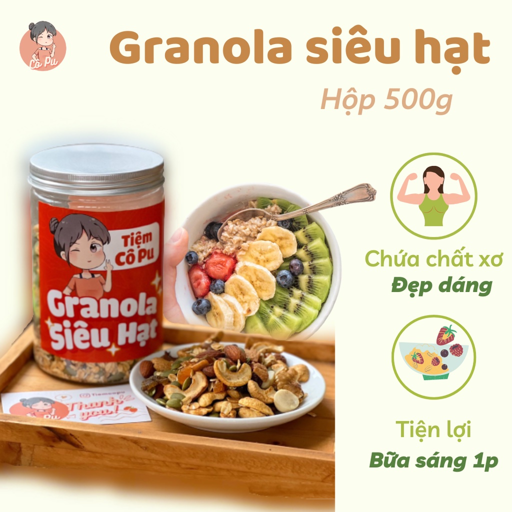 Granola siêu hạt giảm cân 500 gram/Ngũ cốc ăn kiêng mix hạt điều óc chó và hạnh nhân Tiệm Cô Pu