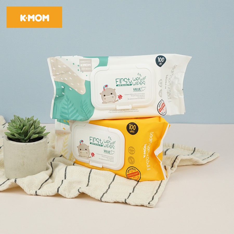 [Chính Hãng] Khăn ướt cao cấp K-Mom Hàn Quốc First Wet Wipes vân nổi (100c) – Khăn giấy ướt Kmom không mùi cho bé