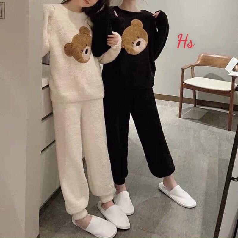 Bộ Ngủ Lông Mặt Gấu Dài Tay Dáng Rộng 2 Màu