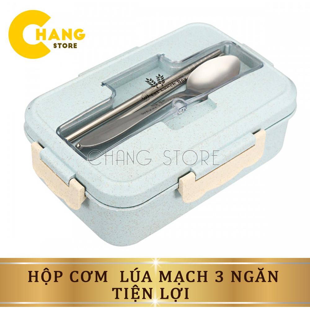 Hộp đựng cơm, khay đựng cơm văn phòng lúa mạch 3 ngăn Tặng đũa và thìa Inox