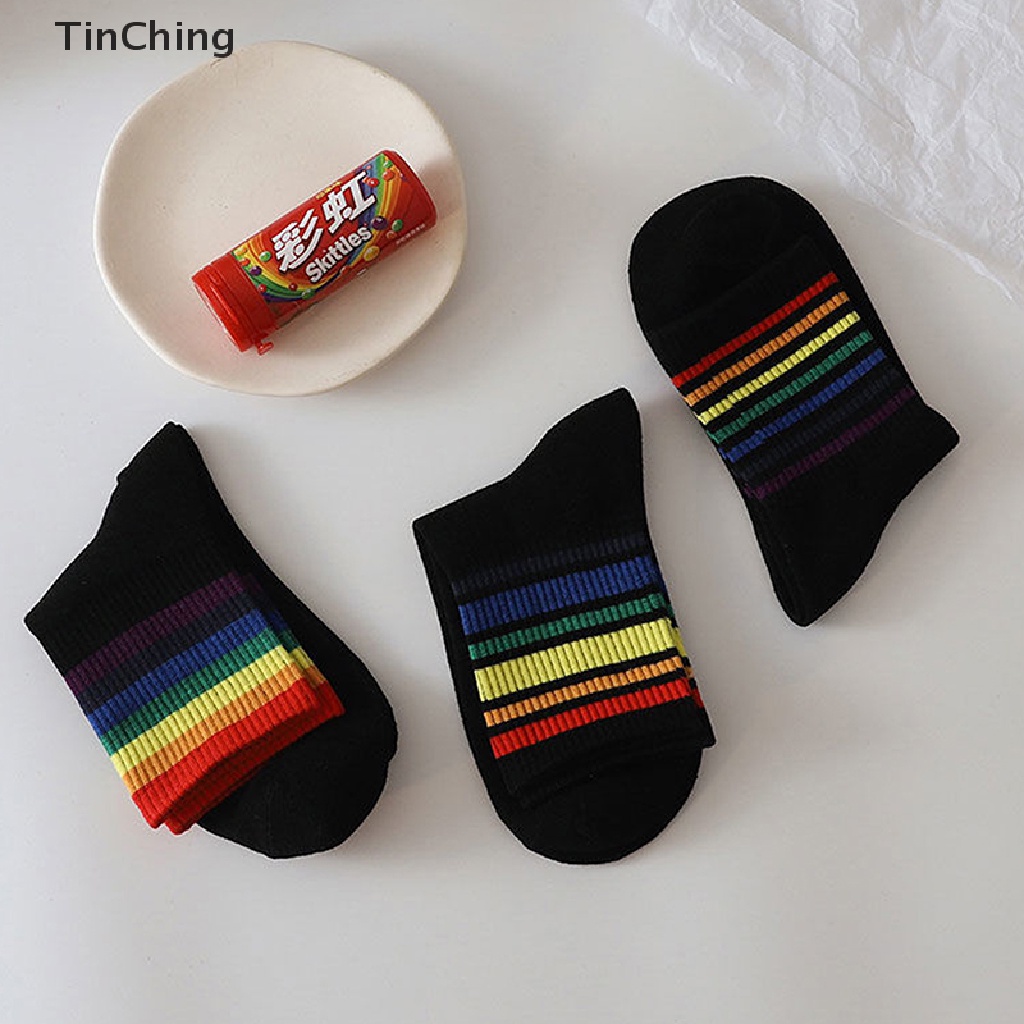 Vớ giữ ấm họa tiết kẻ sọc cầu vồng thời trang đường phố Hàn Quốc cho bạn gái