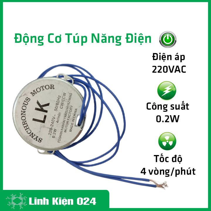 Động cơ túp năng điện 220VAC công suất 0.2W tốc độ 4 vòng/phút, nhông điện thay thế cho quạt
