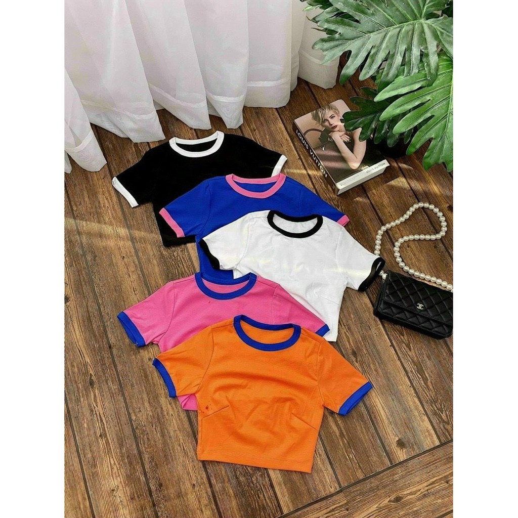 Áo kiểu croptop cổ tròn trơn viền tay cổ màu xinh , chất thun bozip mềm mịn mát