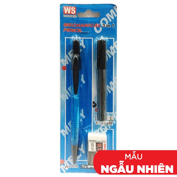 Bộ Bút Chì Bấm 2B + Ruột Chì + Gôm WS-818 (Mẫu Màu Giao Ngẫu Nhiên)