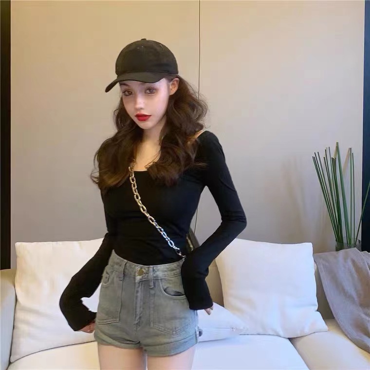 WANGJIAOZHAN Áo thun tay dài dáng hở lưng thời trang thu đông dành cho nữ