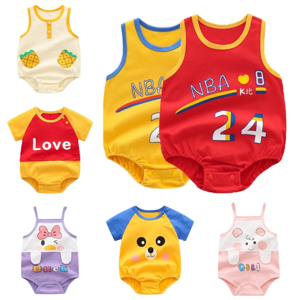 Áo Liền Quần Tam Giác Vải Cotton Mỏng Tay Ngắn In Hoạt Hình Dễ Thương Cho Bé Từ 0-24 Tháng Tuổi