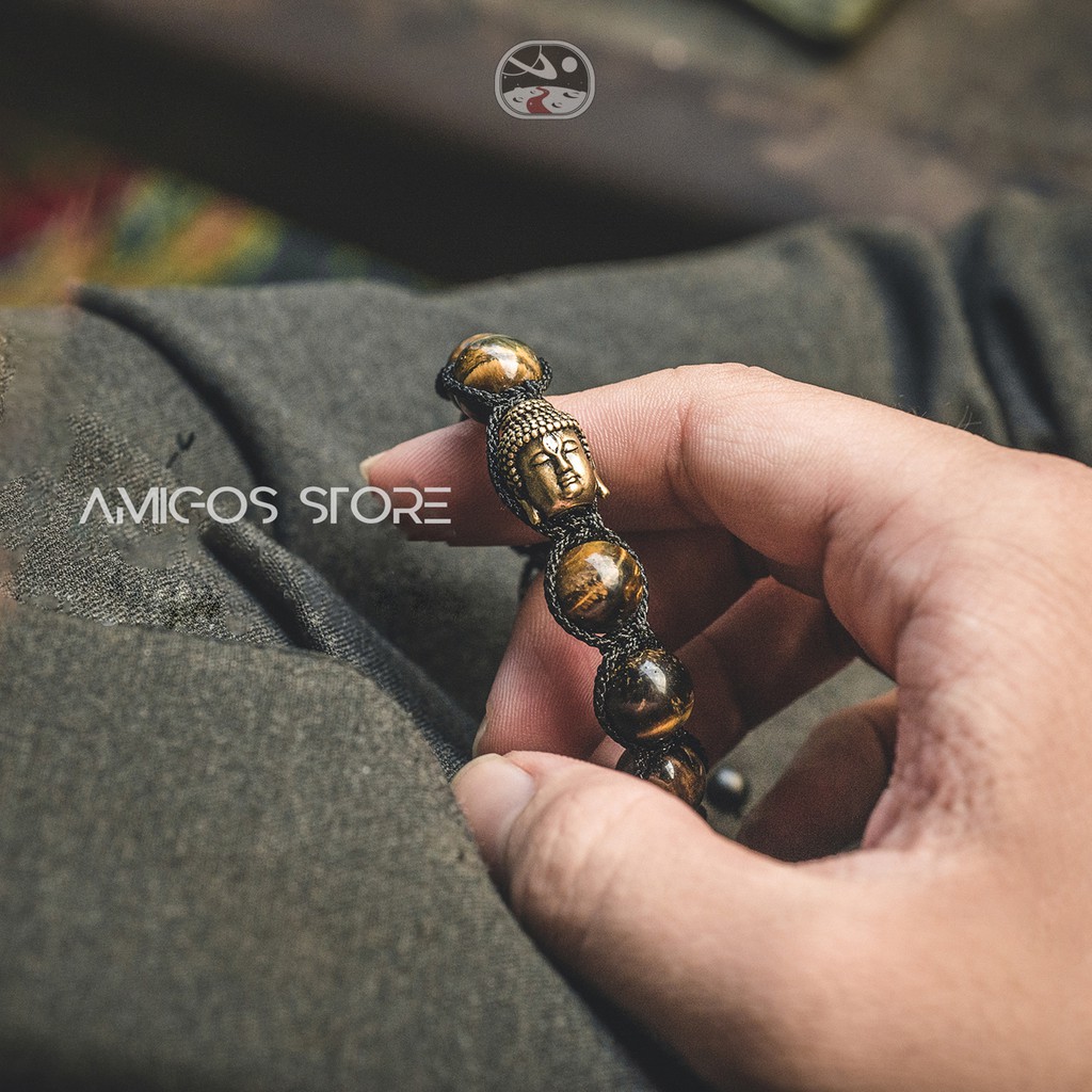Vòng phong thủy handmade mix đá mắt hổ vàng + charm Thích Ca Bằng Đồng