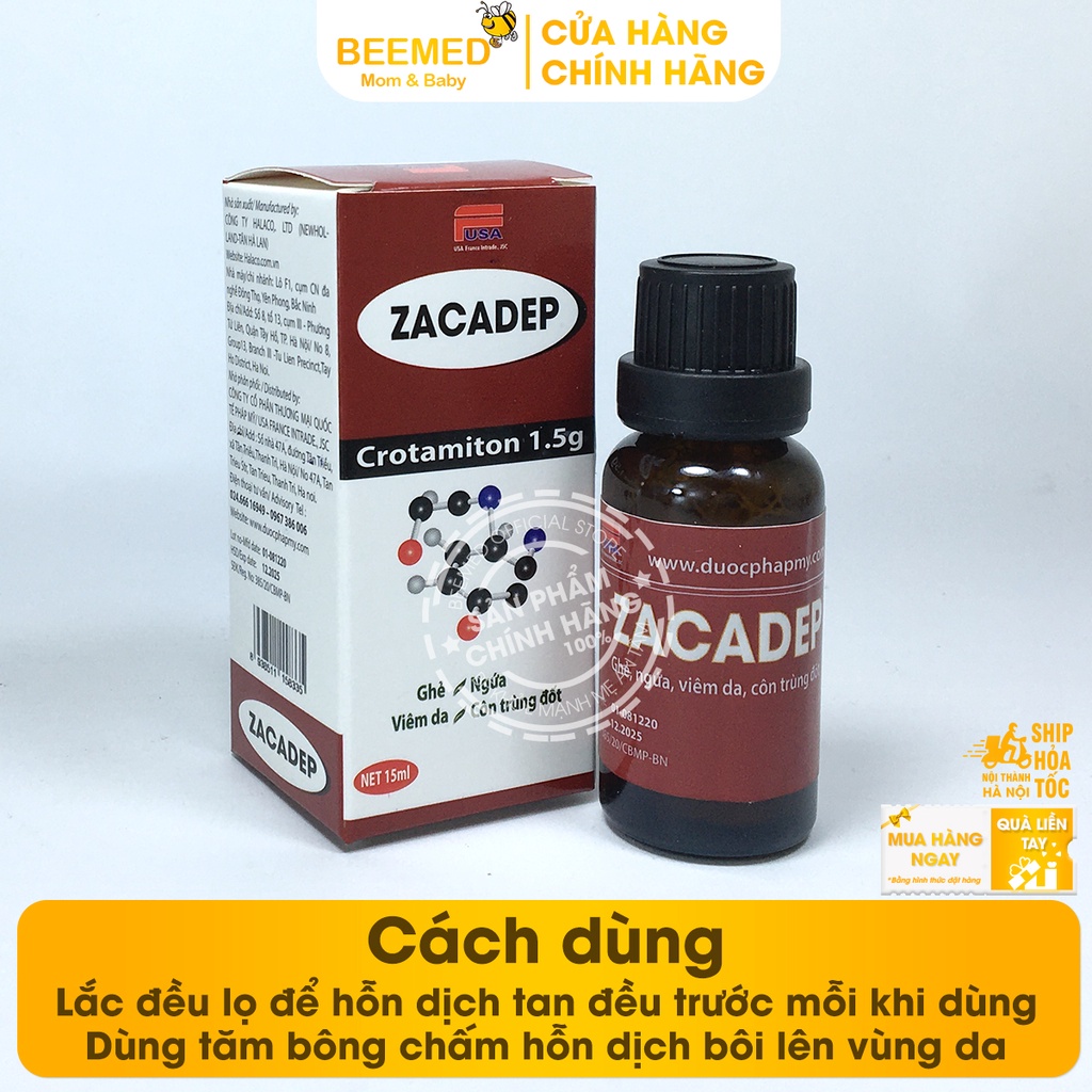 Zacadep lọ 15ml dạng nước bôi lên da, móng, tóc - giảm ghẻ, ngứa, viêm da, côn trùng đốt