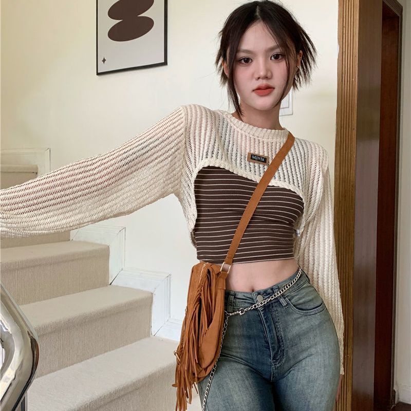 Hàng Có Sẵn Đang Bán Chạy Áo Hai Dây Dệt Kim Chống Nắng Dáng Dài Phối Ren Rỗng Hợp Thời Trang Mùa Hè Cho Nữ