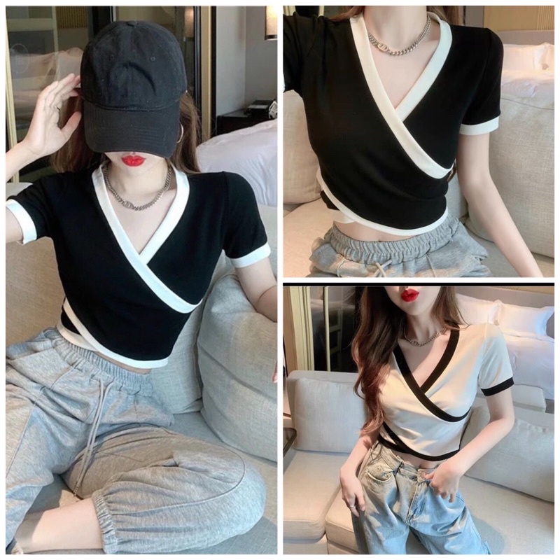 Áo kiểu croptop tay ngắn phối viền trắng đen