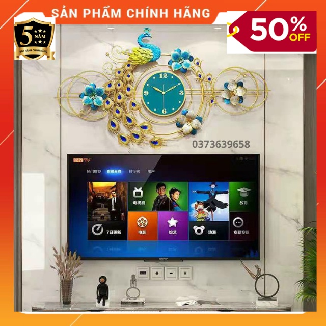 Đồng Hồ Treo Tường Trang Trí Họa Tiết Chim Công Vòng Tròn Hoa - Mã 2923- Kích Thước 120* 70cm- bảo hành 5 năm