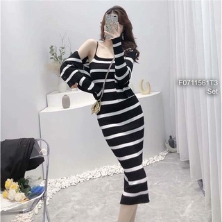 Set len áo khoác gài nút tay dài phối đầm body 2 dây hàng QC!