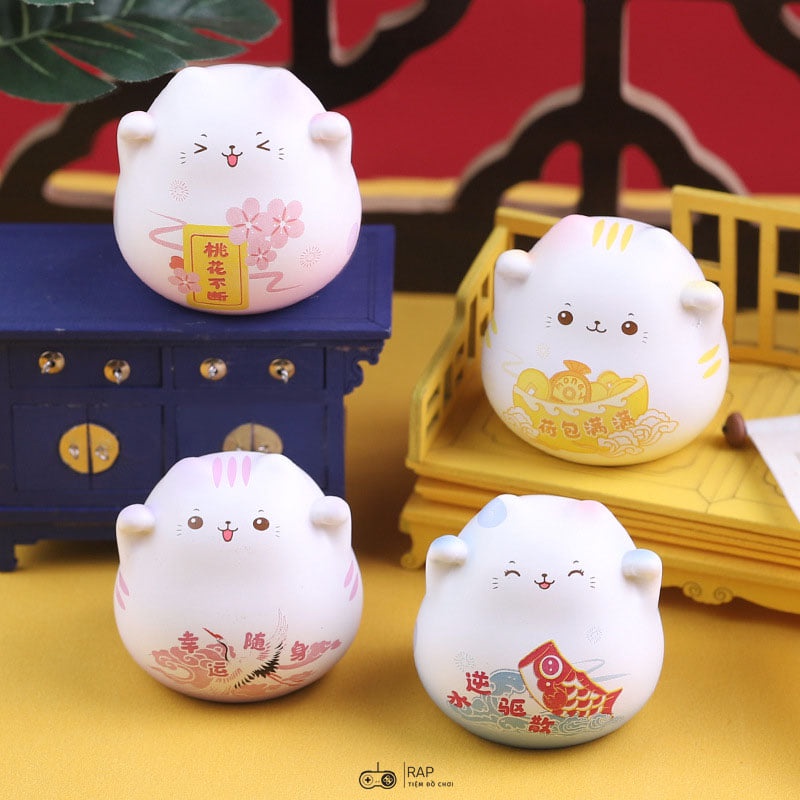 Set 4 mô hình mèo thần tài tròn Ráp dễ thương xinh xắn đáng yêu trang trí bàn học, bàn làm việc,tủ sách,taplo ô tô- HO06