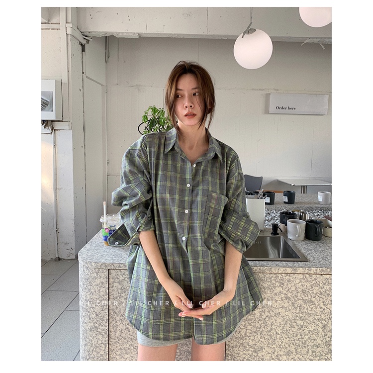 Áo Sơ Mi Nữ Ca Rô Dài Tay Cổ Bẻ Thời Trang Hàn