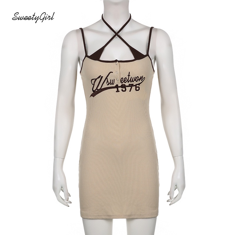 Đầm Mini Không Tay Hở Vai In Chữ Màu Sắc Tương Phản 2022 Cho Nữ