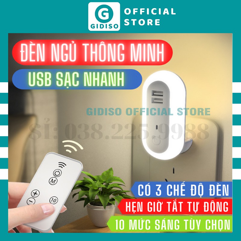 Đèn ngủ thông minh GIDISO 10 cấp độ sáng - điều khiển từ xa bằng remote - hẹn giờ -có cổng sạc nhanh điện thoại - 2021