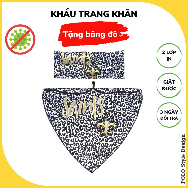 Khẩu trang khăn thời trang 2 lớp vải su in Polo Style, tặng kèm băng đô cùng loại, chống nắng, chống bụi, giặt được