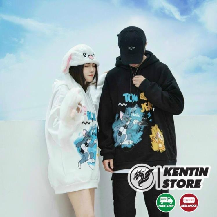 Áo hoodie chống nắng dành cho nam cho nữ có 2 màu, unisex form rộng in hình mèo và chuột Ulzzang KENTIN