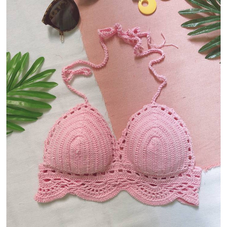 Áo yếm len móc hồng mặc đi biển đi bơi đẹp ( có video)