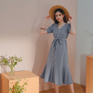 Váy dài cổ V đuôi cá cài nút trước nữ Air Space 2021824025