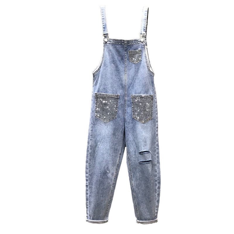 Jiashucheng Quần Yếm Denim Dài Đến Mắt Cá Chân Rộng Rách Mùa Hè Đính Đá Bán Chạy Cho Nữ