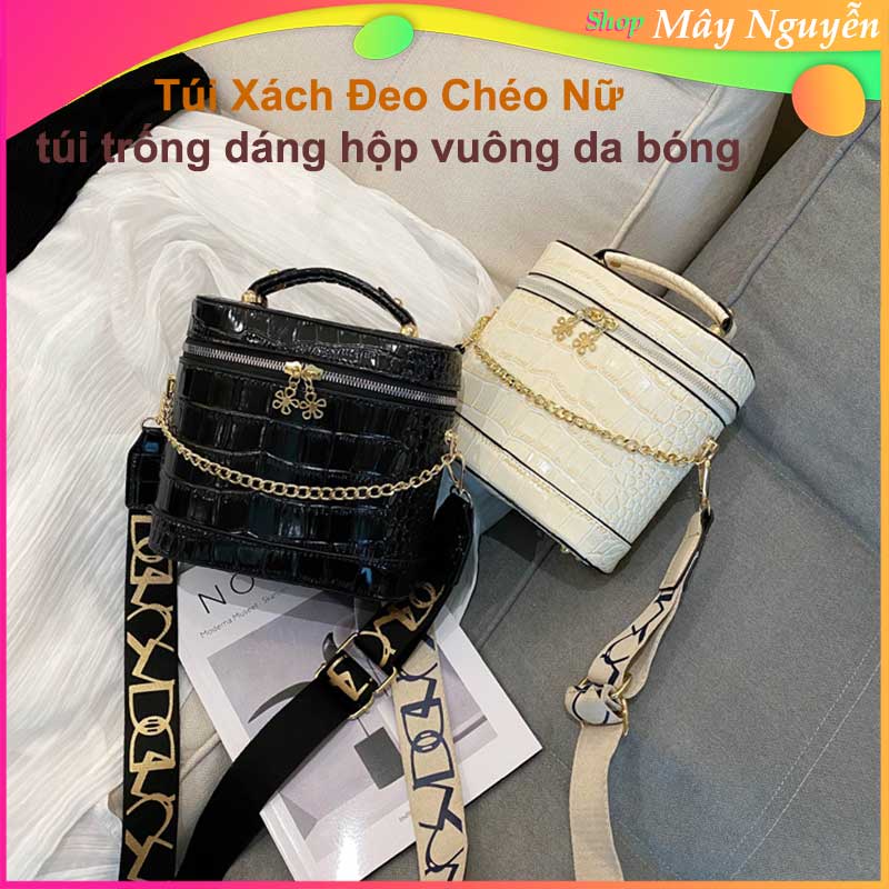 Túi Xách Đeo Chéo Nữ, Túi Trống Dáng Hộp Vuông Da Bóng Cao Cấp Cá Tính Thời Trang