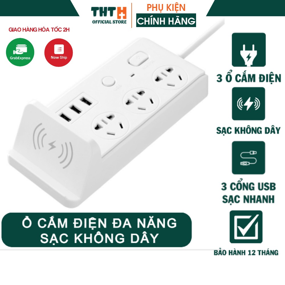 Ổ Cắm Điện Đa Năng Thông Minh Sạc Không Dây 3 Cổng USB Sạc Nhanh, Ổ Chịu Tải 2500W, Tiết Kiệm Điện, Chống Cháy Nổ