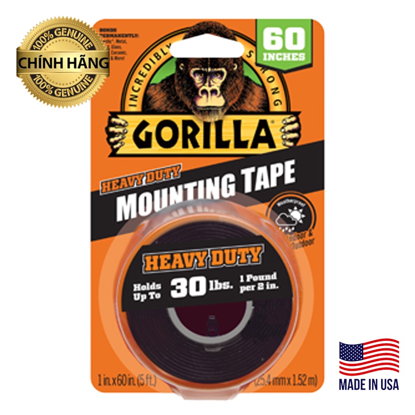 Băng Dính 2 Mặt Siêu Chắc, Chịu Lực Tốt, Băng Keo 2 Mặt Gorilla Heavy Duty Mounting Tape 2.54mm x 1.52m