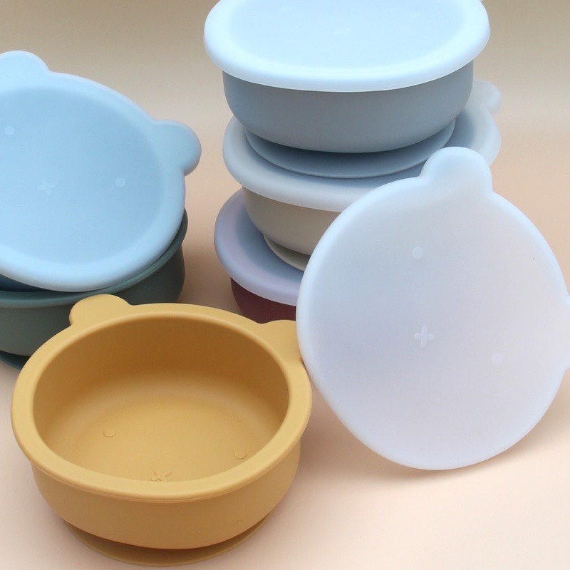 Nắp đậy bát gấu silicon, nắp đậy khay ăn dặm silicon 4 ngăn hình gấu