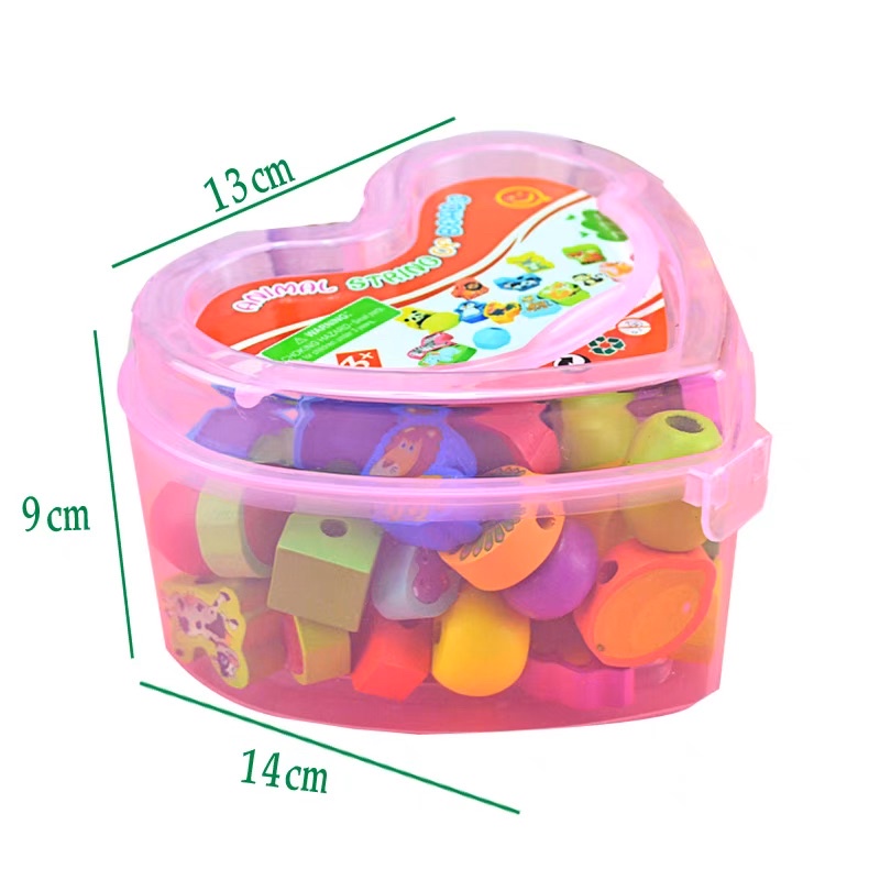 Đồ chơi xâu hạt gỗ hộp trái tim - 50 chi tiết và 2 dây xâu - chọn chủ đề cho bé