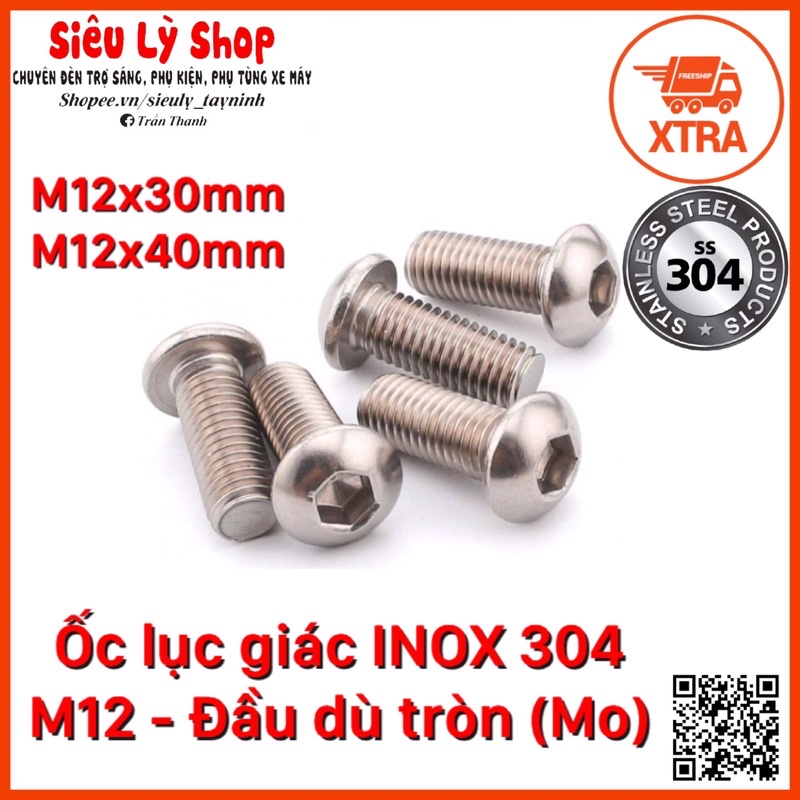 Ốc lục giác INOX 304 M12 - Đầu dù tròn (Đầu mo)