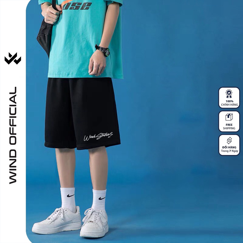 Quần short thun nam nữ WIND unisex ống rộng SIGNATURE đùi lửng ngố thời trang mặc nhà