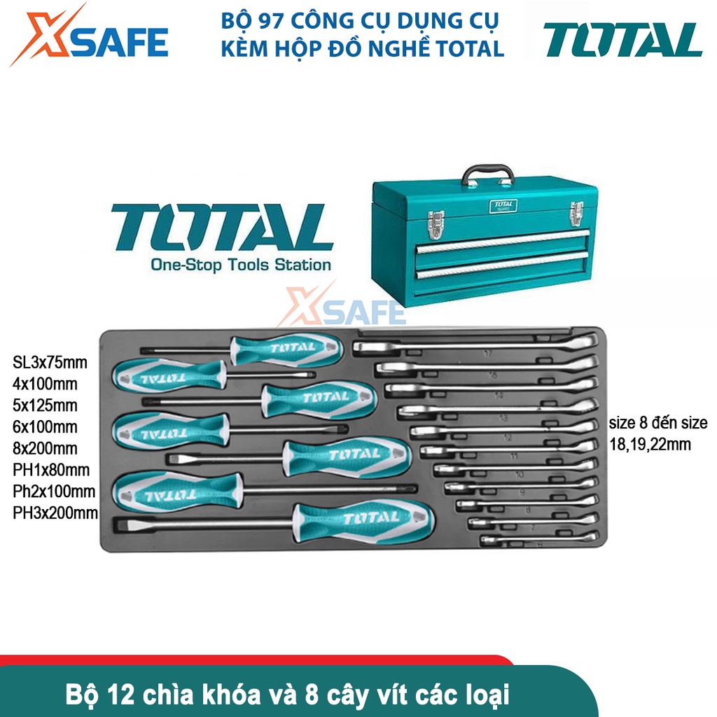 Thùng đựng đồ nghề khóa sắt TOTAL THPTCS70971, bộ 97 công cụ trong hộp đồ nghề bảo vệ, thao tác dễ dàng - chính hãng