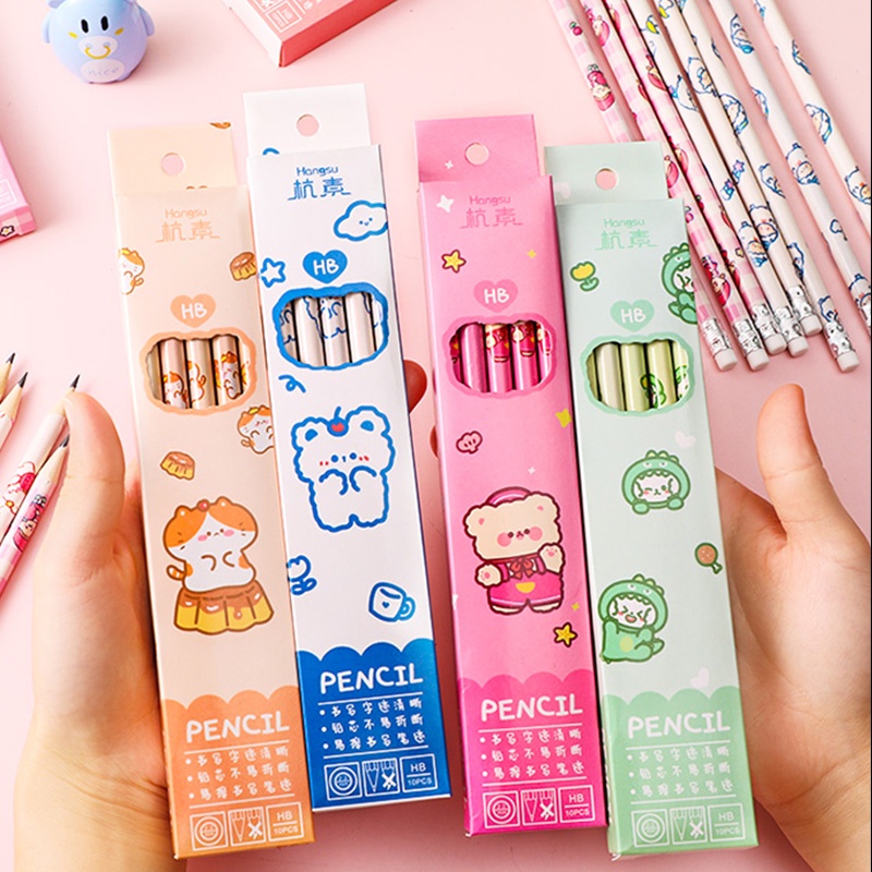 Set 10 bút chì HB in họa tiết hoạt hình dễ thương tiện dụng cho trẻ nhỏ