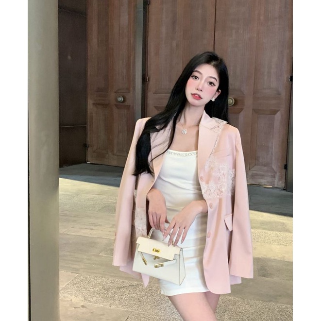 Áo khoác nữ blazer dáng dài, áo khoác áo vest nữ phối ren