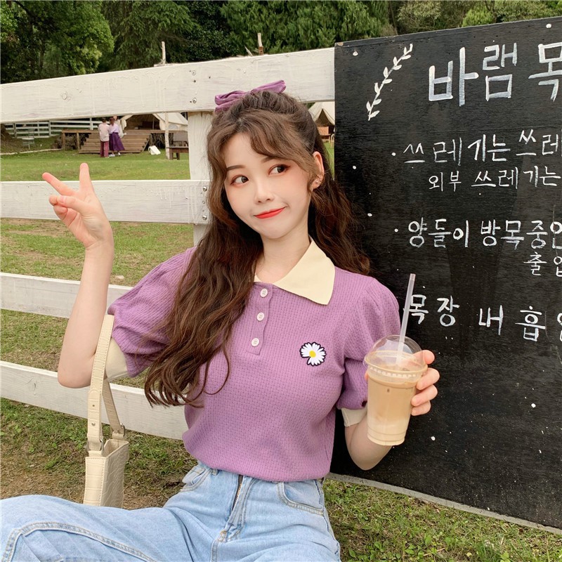 Áo thun Polo tay ngắn in họa tiết hoa cúc dễ thương xinh xắn cho nữ | BigBuy360 - bigbuy360.vn