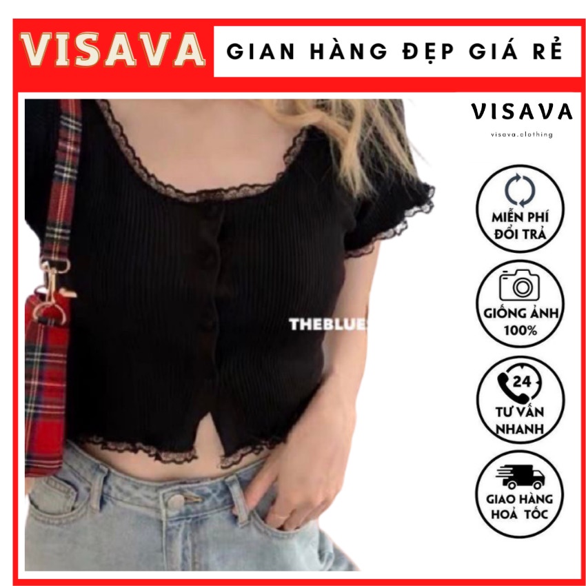 Áo kiểu croptop nút phối ren croptop  phôm dưới 50kg Trắng đen xanh hót 2022