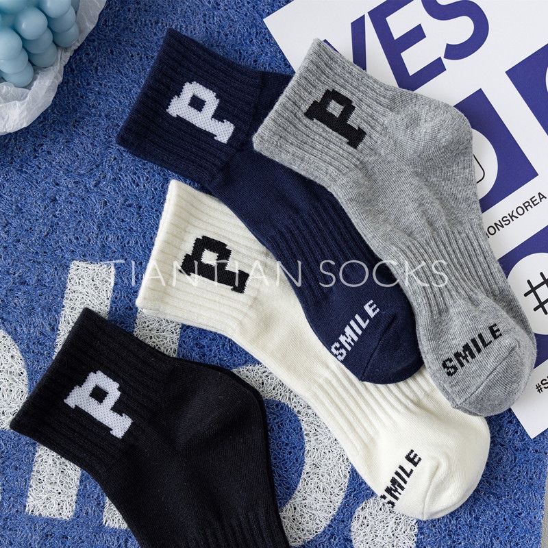TIANTIAN T165 Vớ Thể Thao Cổ Ngắn Chất Liệu Cotton Thấm Hút Mồ Hôi In Chữ P Màu Đen / Trắng Phong Cách Nhật Bản Thời Trang Cho Nam Và Nữ