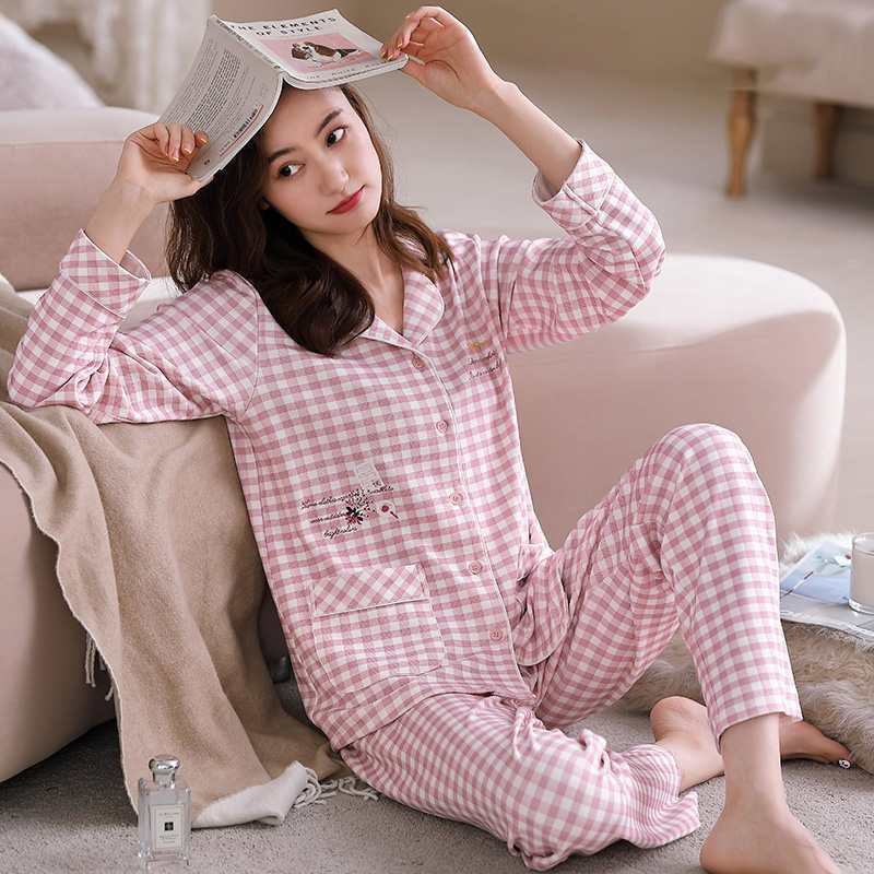 Bộ Đồ Mặc Nhà Tay Dài Vải Cotton Kẻ Sọc Thiết Kế Xinh Xắn Cho Nữ