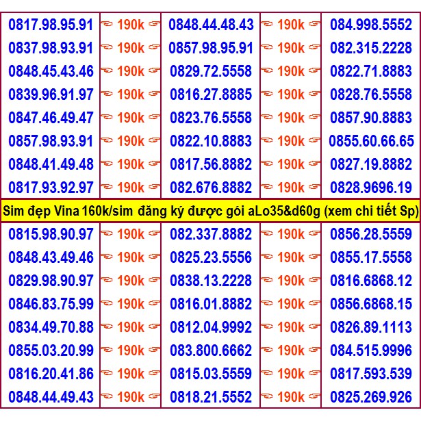 Sim đẹp Vina Chỉ 190k Được GÓI ALO35 & D60g Trả trước Số đẹp dễ nhớ số đảo, số lặp, cặp,phong thủy .., (xem chi tiết Sp)