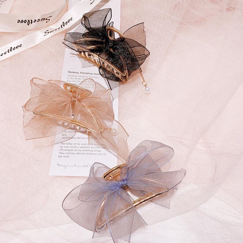 Kẹp gắp tóc hình nơ bằng hợp kim phối ren đính hạt ngọc trai giả thời trang Hàn Quốc cho nữ