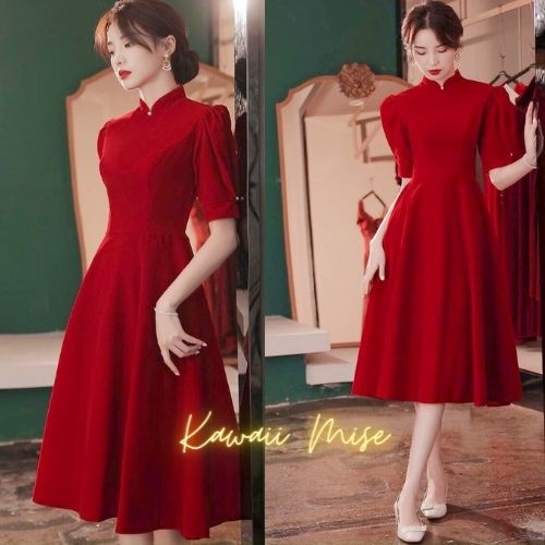 Váy đỏ nữ đầm dự tiệc cổ tàu đính ngọc sang chảnh lịch sự Kawaii Mise