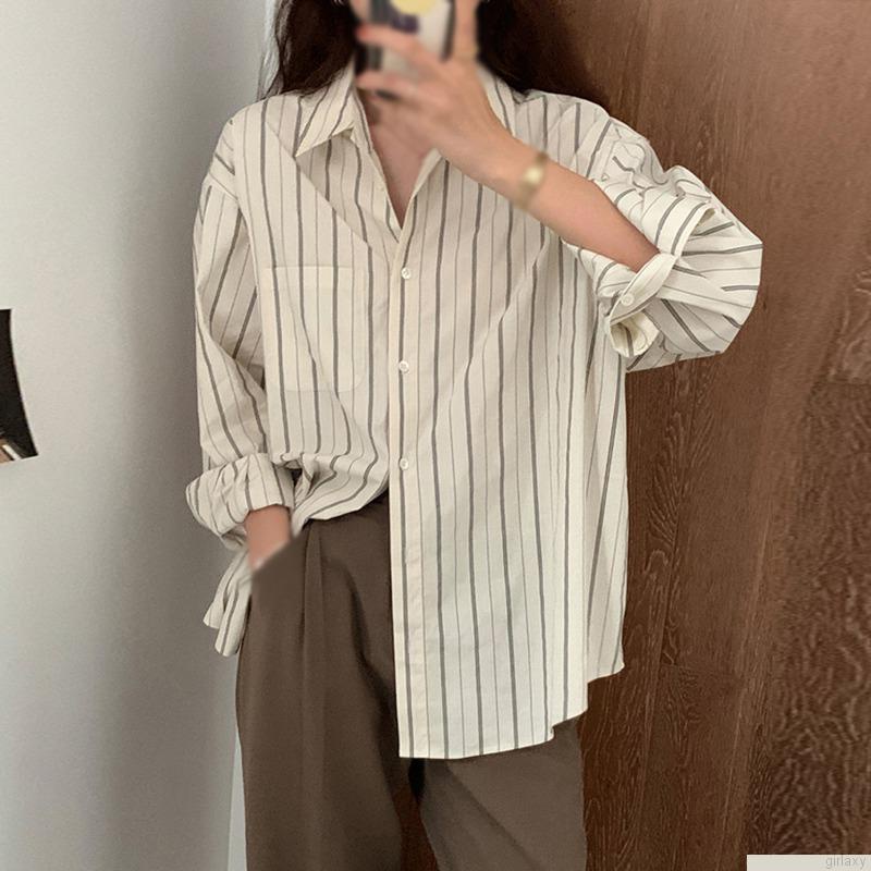 Áo sơ mi tay dài dáng rộng họa tiết sọc phong cách Hàn Quốc thời trang cho nữ
