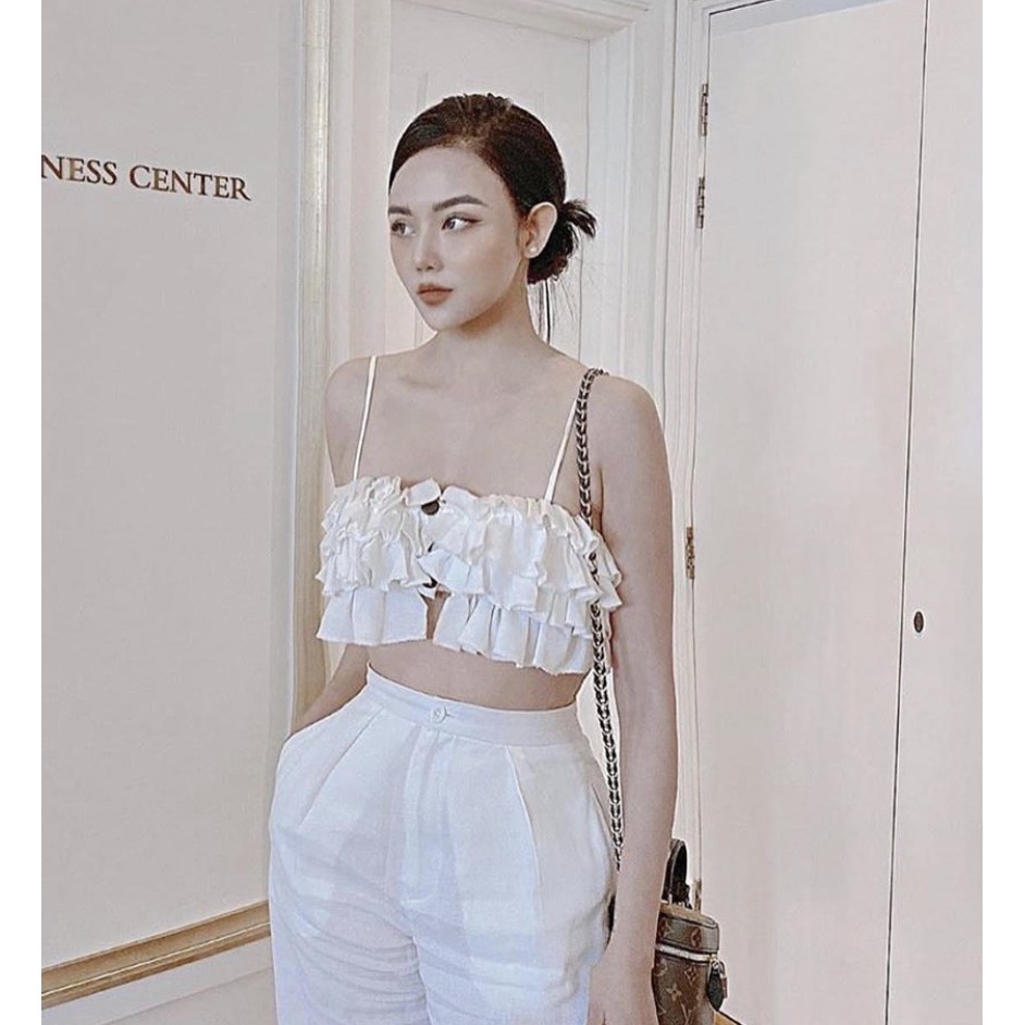 Áo 2 Dây Croptop Bèo 4 Tầng Nút Gỗ (TRẮNG) | BigBuy360 - bigbuy360.vn