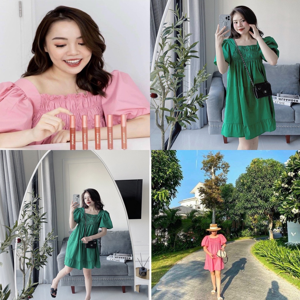 Đầm babydoll hồng cổ vuông chun ngực tay bồng BN206