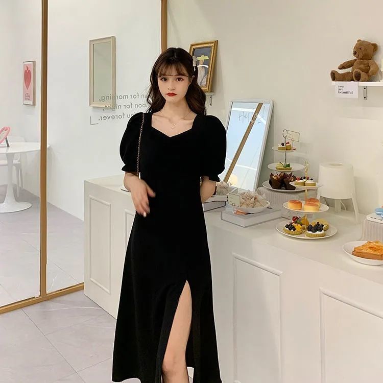 Đầm cổ vuông tay phồng dáng rộng thiết kế xẻ tà phong cách Pháp retro 2020 xinh xắn thời trang
