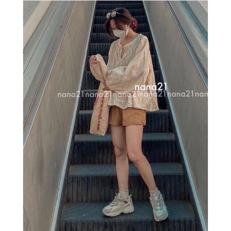 Set Babydoll Ren Phối Short Nâu L.YStore Nữ 🌸Bộ áo sơ mi dài tay phồng vintage kèm quần sooc ống rộng Ulzzang🌸